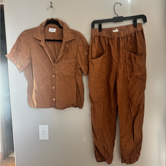 MATE the Label Pants - MATE the Label Rust Brown Linen Track Pants & Short Sleeve Button Shirt Set